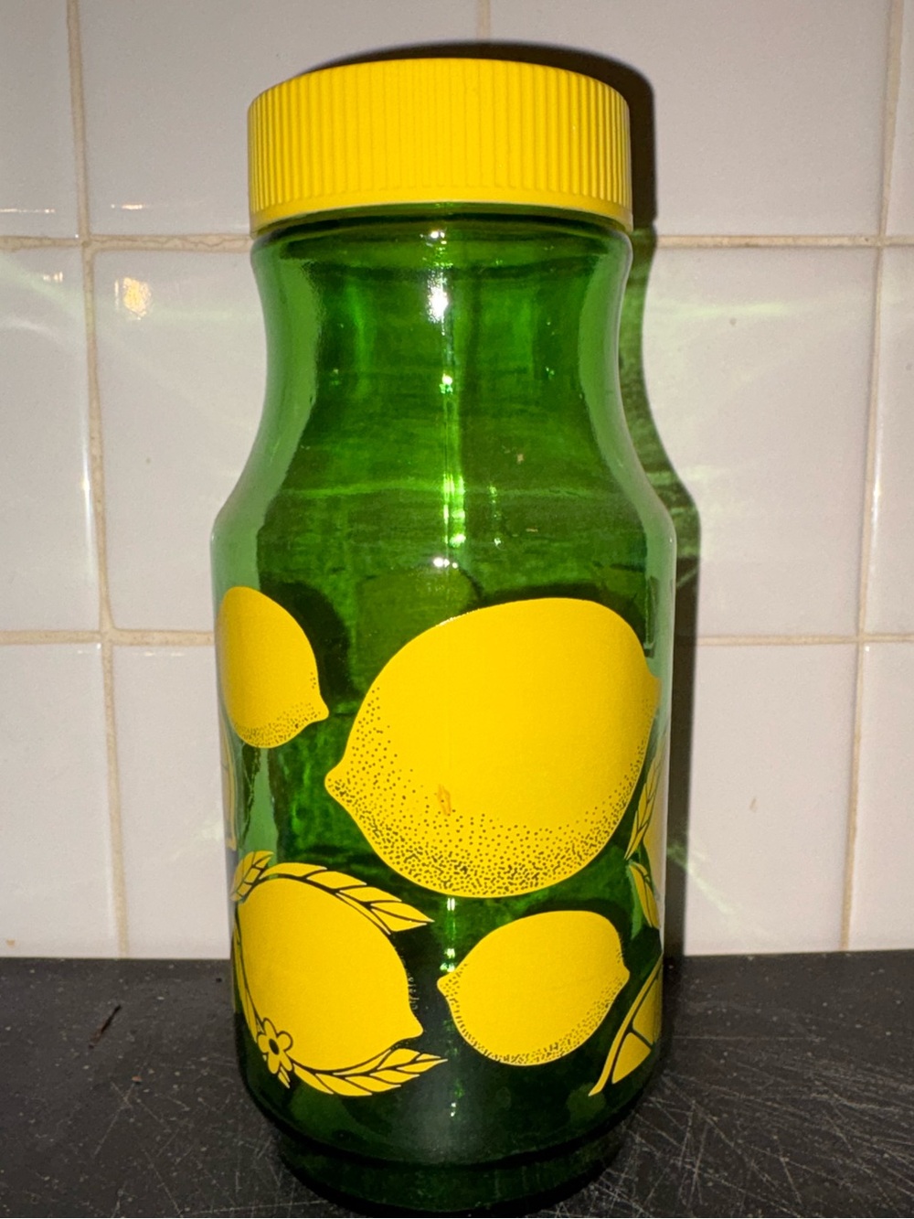 Anchor Hocking Green Glass Drink Pitcher with Bright Yellow Lemon Graphics